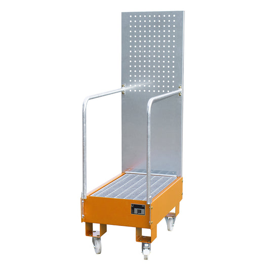 Mobile sump tray with perforated panel, 2 x 60 l drum placed upright one behind the other, LxWxH 875 x 500 x 1685 mm, yellow orange.