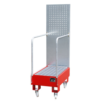 Mobile sump tray with perforated panel, 2 x 60 l drum placed upright one behind the other, LxWxH 875 x 500 x 1685 mm, flame red.