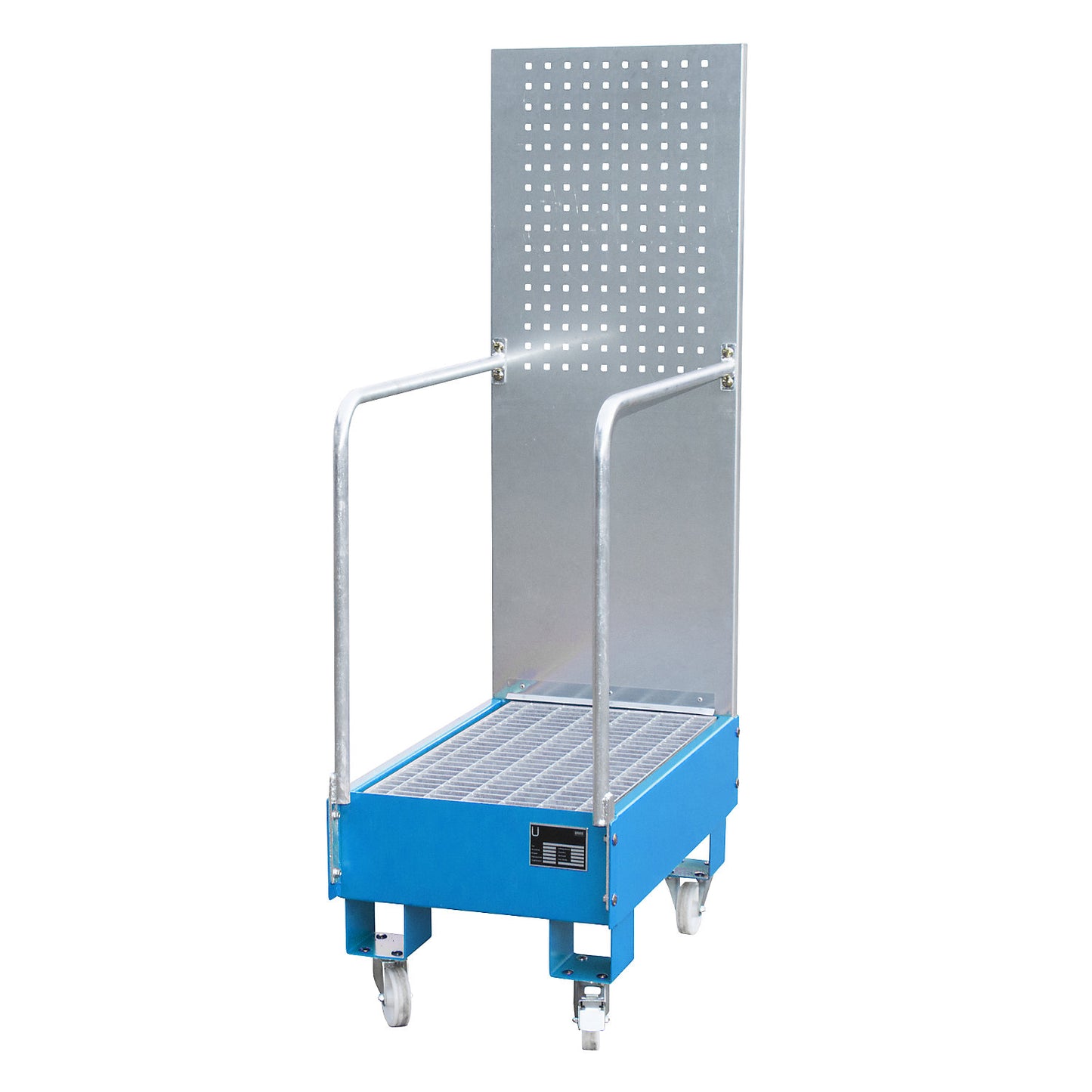 Mobile sump tray with perforated panel, 2 x 60 l drum placed upright one behind the other, LxWxH 875 x 500 x 1685 mm, light blue.