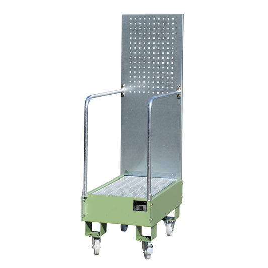 Mobile sump tray with perforated panel, 2 x 60 l drum placed upright one behind the other, LxWxH 875 x 500 x 1685 mm, reseda green.