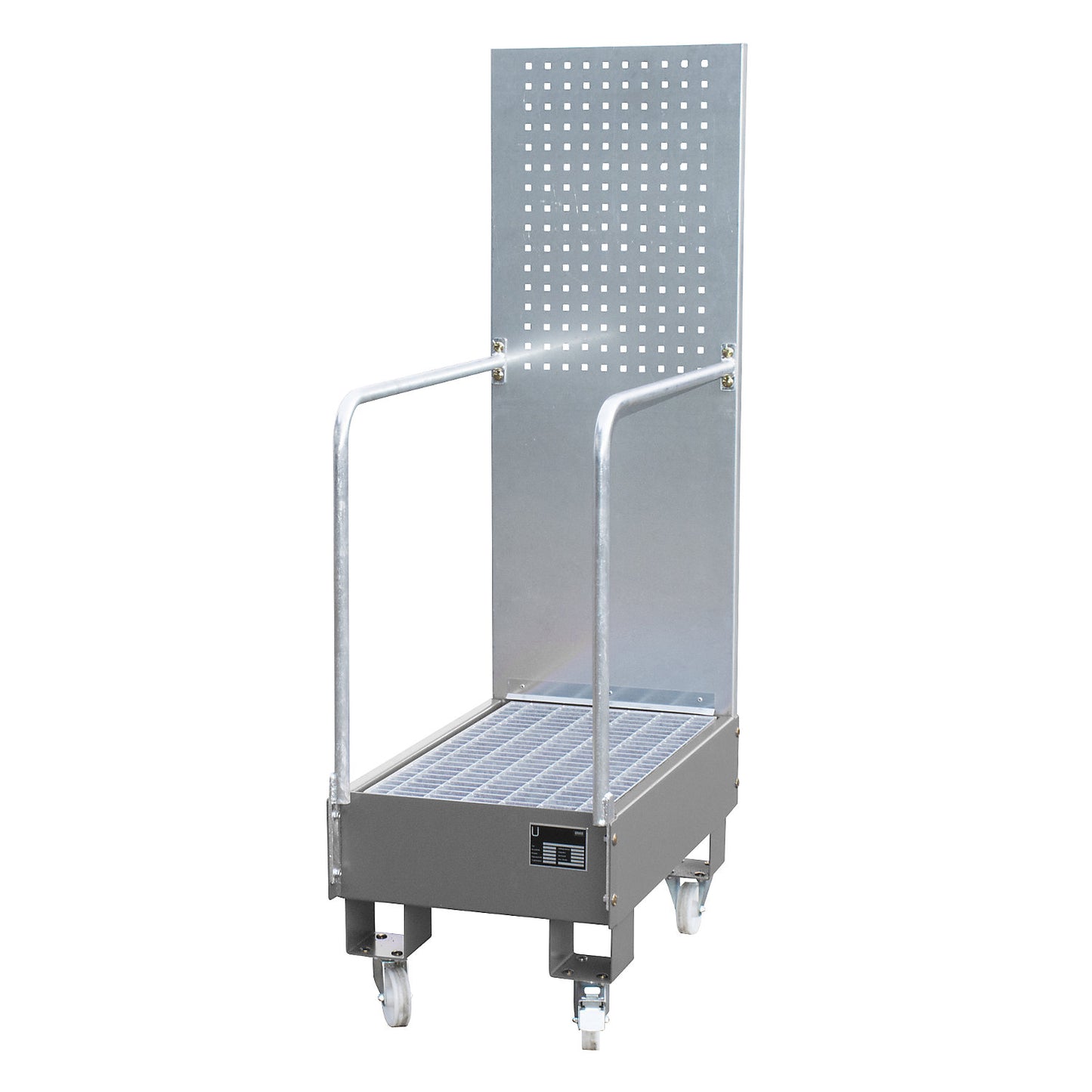 Mobile sump tray with perforated panel, 2 x 60 l drum placed upright one behind the other, LxWxH 875 x 500 x 1685 mm, mouse grey.