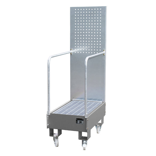 Mobile sump tray with perforated panel, 2 x 60 l drum placed upright one behind the other, LxWxH 875 x 500 x 1685 mm, mouse grey.