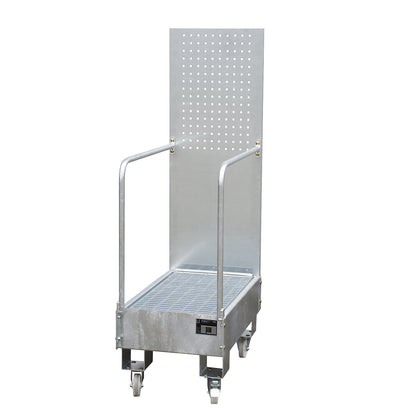 Mobile sump tray with perforated panel, 2 x 60 l drum placed upright one behind the other, LxWxH 875 x 500 x 1685 mm, hot dip galvanised.