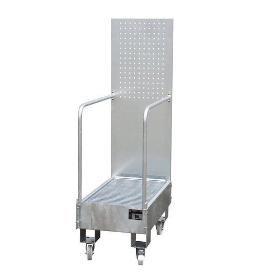 Mobile sump tray with perforated panel, 2 x 60 l drum placed upright one behind the other, LxWxH 875 x 500 x 1685 mm, hot dip galvanised.