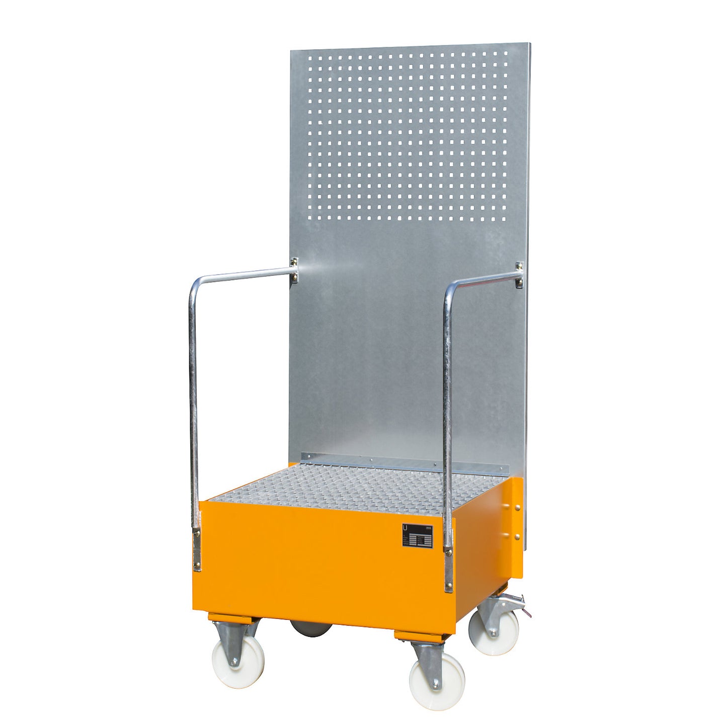 Mobile sump tray with perforated panel, 1 x 200 l drum placed upright, LxWxH 870 x 890 x 2110 mm, yellow orange.