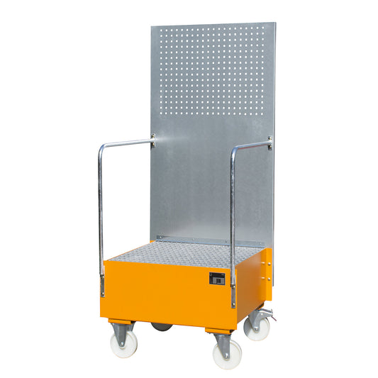 Mobile sump tray with perforated panel, 1 x 200 l drum placed upright, LxWxH 870 x 890 x 2110 mm, yellow orange.