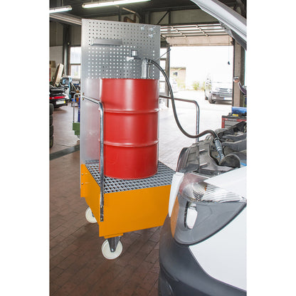 Mobile sump tray with perforated panel, 1 x 200 l drum placed upright, LxWxH 870 x 890 x 2110 mm, reseda green.