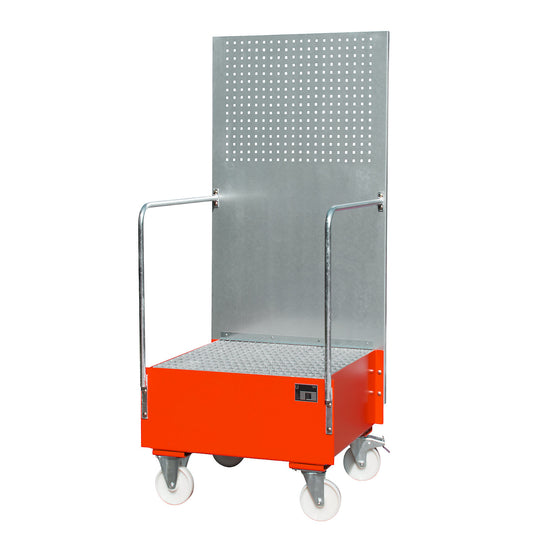 Mobile sump tray with perforated panel, 1 x 200 l drum placed upright, LxWxH 870 x 890 x 2110 mm, flame red.