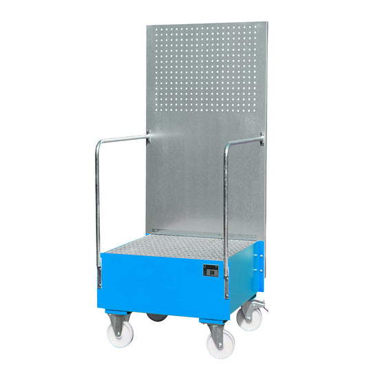 Mobile sump tray with perforated panel, 1 x 200 l drum placed upright, LxWxH 870 x 890 x 2110 mm, light blue.