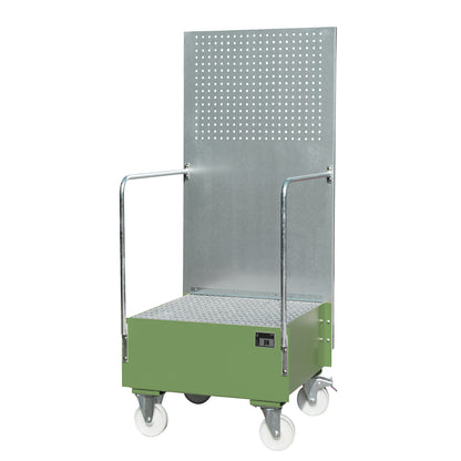 Mobile sump tray with perforated panel, 1 x 200 l drum placed upright, LxWxH 870 x 890 x 2110 mm, reseda green.