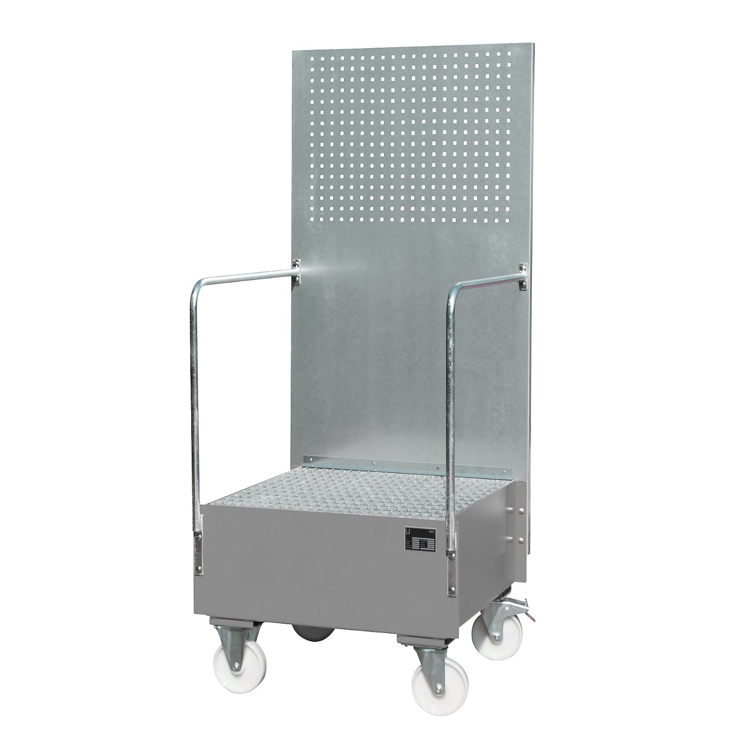 Mobile sump tray with perforated panel, 1 x 200 l drum placed upright, LxWxH 870 x 890 x 2110 mm, mouse grey.