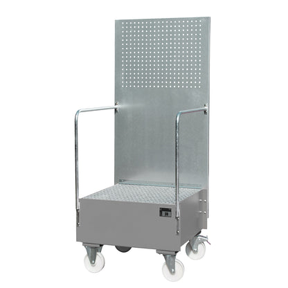Mobile sump tray with perforated panel, 1 x 200 l drum placed upright, LxWxH 870 x 890 x 2110 mm, mouse grey.