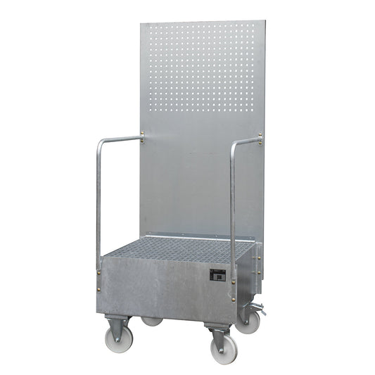 Mobile sump tray with perforated panel, 1 x 200 l drum placed upright, LxWxH 870 x 890 x 2110 mm, hot dip galvanised.