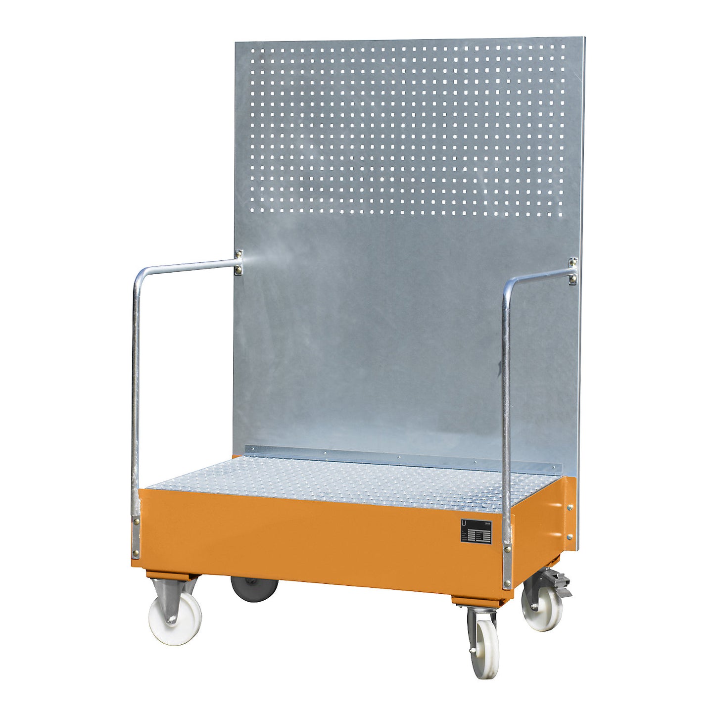 Mobile sump tray with perforated panel, 2 x 200 l drums placed upright next to each other, LxWxH 870 x 1290 x 2015 mm, yellow orange.