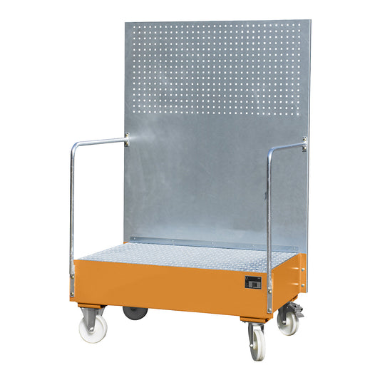 Mobile sump tray with perforated panel, 2 x 200 l drums placed upright next to each other, LxWxH 870 x 1290 x 2015 mm, yellow orange.