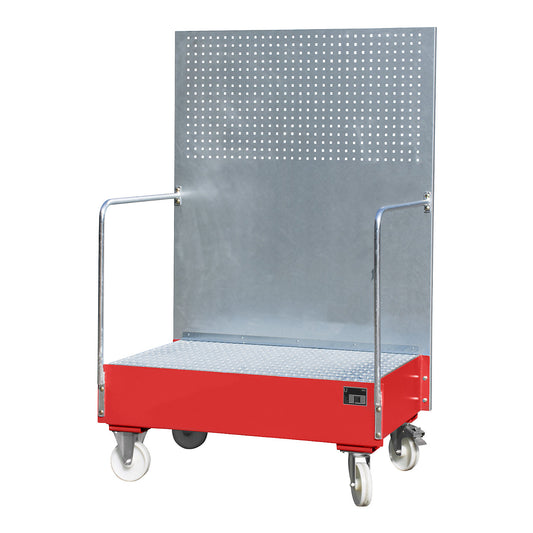 Mobile sump tray with perforated panel, 2 x 200 l drums placed upright next to each other, LxWxH 870 x 1290 x 2015 mm, flame red.