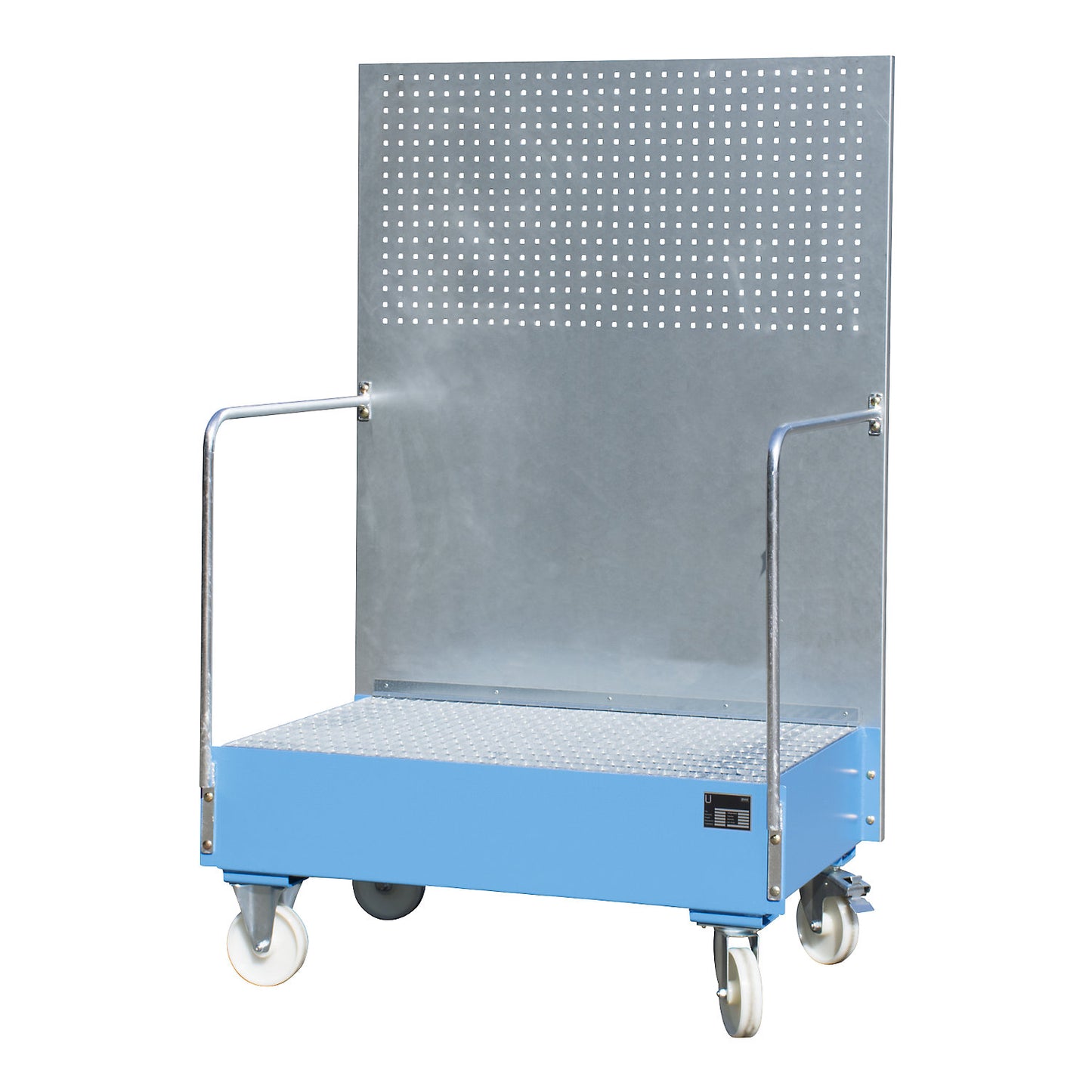 Mobile sump tray with perforated panel, 2 x 200 l drums placed upright next to each other, LxWxH 870 x 1290 x 2015 mm, light blue.