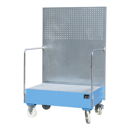 Mobile sump tray with perforated panel, 2 x 200 l drums placed upright next to each other, LxWxH 870 x 1290 x 2015 mm, light blue.
