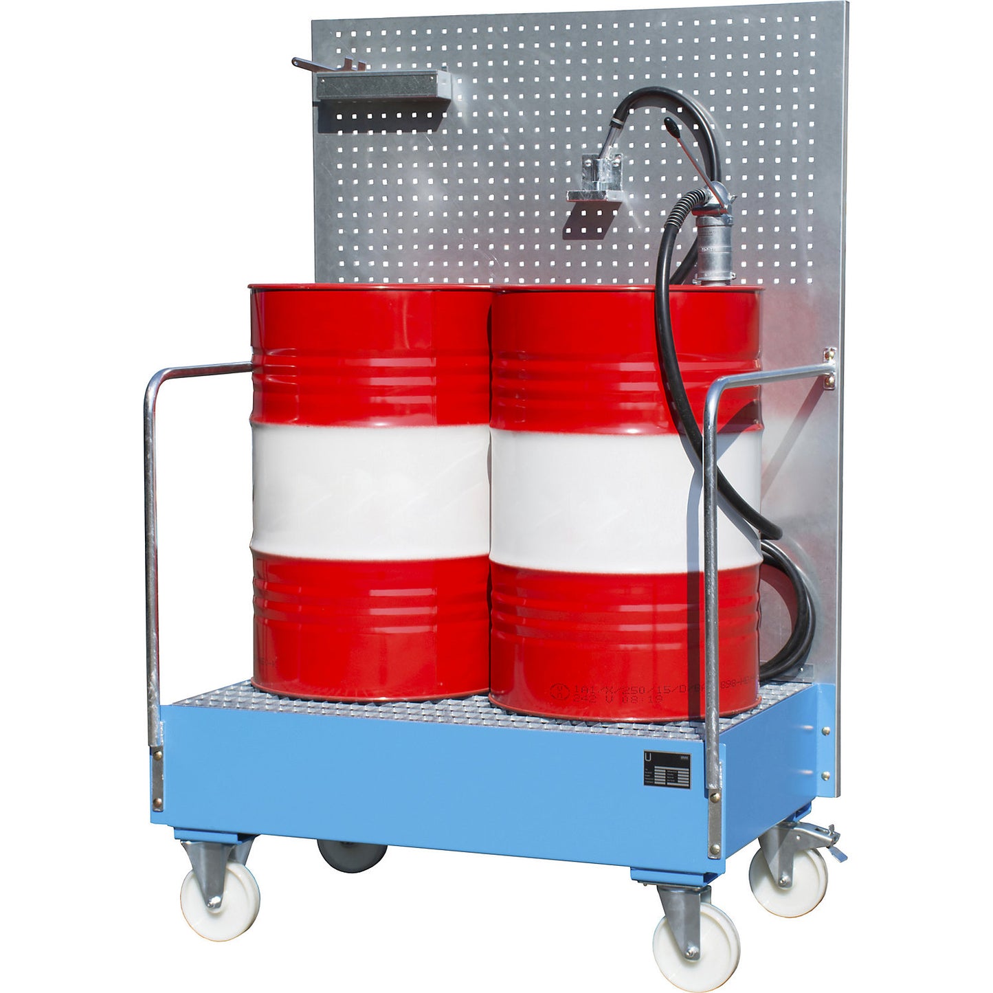 Mobile sump tray with perforated panel, 2 x 200 l drums placed upright next to each other, LxWxH 870 x 1290 x 2015 mm, light blue.