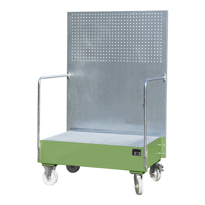 Mobile sump tray with perforated panel, 2 x 200 l drums placed upright next to each other, LxWxH 870 x 1290 x 2015 mm, reseda green.