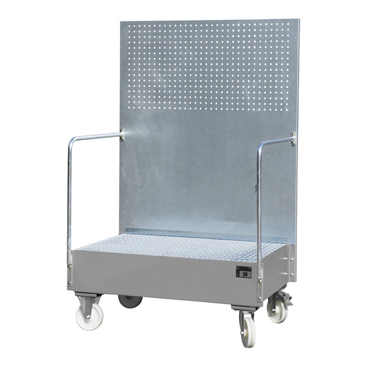 Mobile sump tray with perforated panel, 2 x 200 l drums placed upright next to each other, LxWxH 870 x 1290 x 2015 mm, mouse grey.