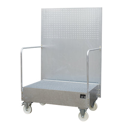 Mobile sump tray with perforated panel, 2 x 200 l drums placed upright next to each other, LxWxH 870 x 1290 x 2015 mm, hot dip galvanised.