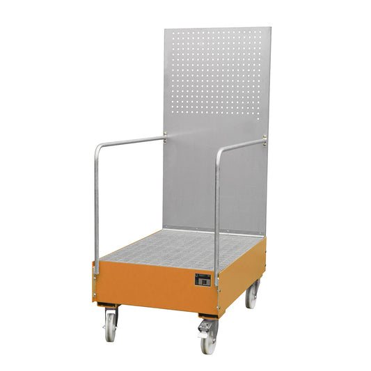 Mobile sump tray with perforated panel, 2 x 200 l drum placed upright one behind the other, LxWxH 1280 x 800 x 2015 mm, yellow orange.