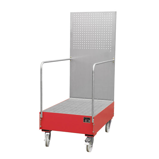 Mobile sump tray with perforated panel, 2 x 200 l drum placed upright one behind the other, LxWxH 1280 x 800 x 2015 mm, flame red.