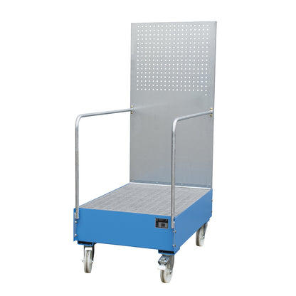 Mobile sump tray with perforated panel, 2 x 200 l drum placed upright one behind the other, LxWxH 1280 x 800 x 2015 mm, light blue.