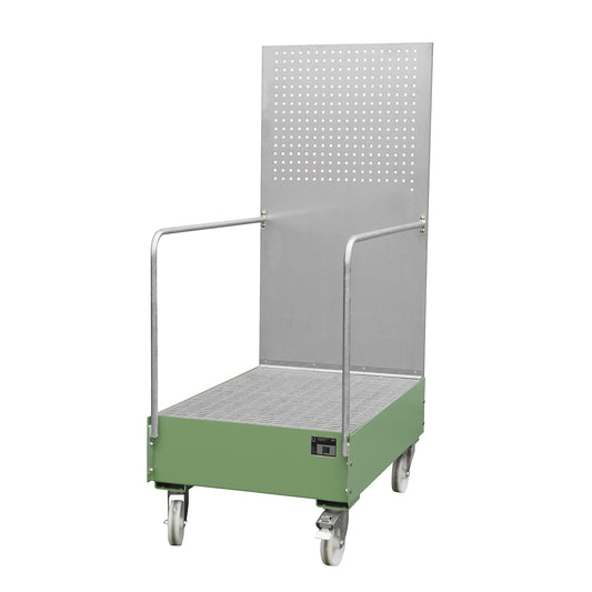 Mobile sump tray with perforated panel, 2 x 200 l drum placed upright one behind the other, LxWxH 1280 x 800 x 2015 mm, reseda green.