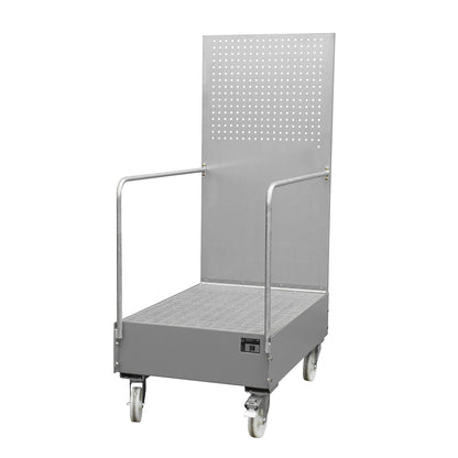 Mobile sump tray with perforated panel, 2 x 200 l drum placed upright one behind the other, LxWxH 1280 x 800 x 2015 mm, mouse grey.