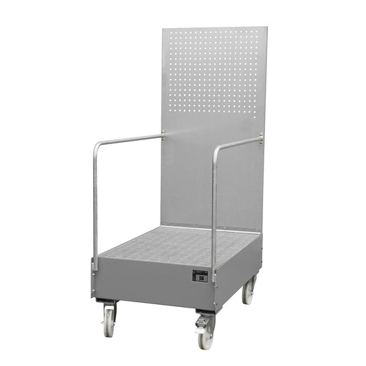 Mobile sump tray with perforated panel, 2 x 200 l drum placed upright one behind the other, LxWxH 1280 x 800 x 2015 mm, mouse grey.