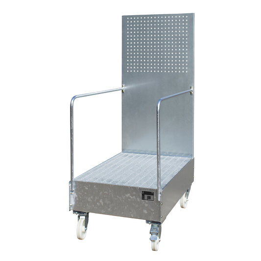 Mobile sump tray with perforated panel, 2 x 200 l drum placed upright one behind the other, LxWxH 1280 x 800 x 2015 mm, hot dip galvanised.