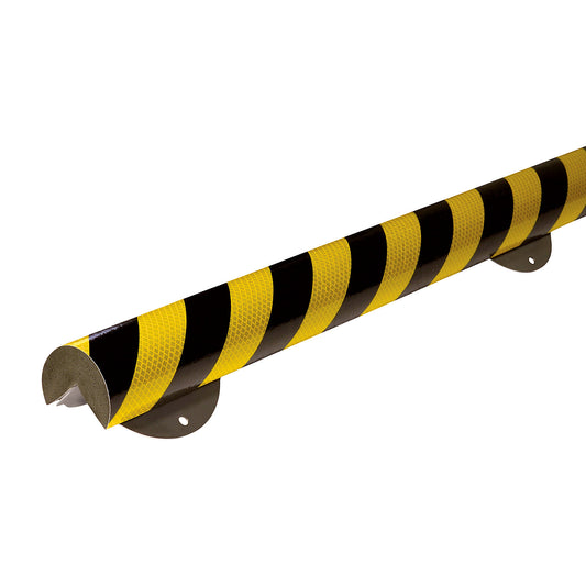 Knuffi® corner protection with mounting rail, type A+, 1 m piece, black / yellow, reflective.