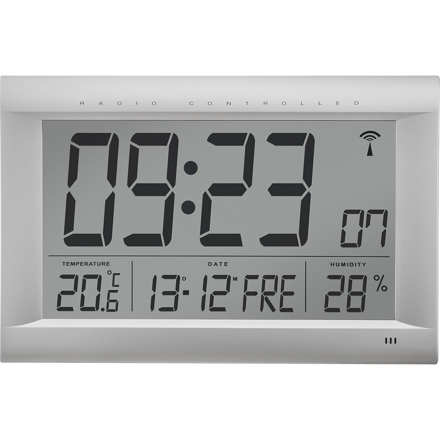 LCD radio synchronised wall clock, HxWxD 265 x 415 x 45 mm, matt silver.