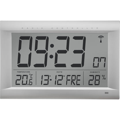 LCD radio synchronised wall clock, HxWxD 265 x 415 x 45 mm, matt silver.
