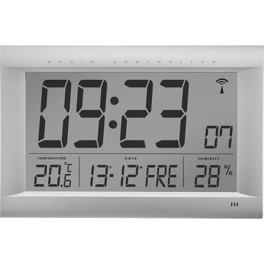 LCD radio synchronised wall clock, HxWxD 265 x 415 x 45 mm, matt silver.