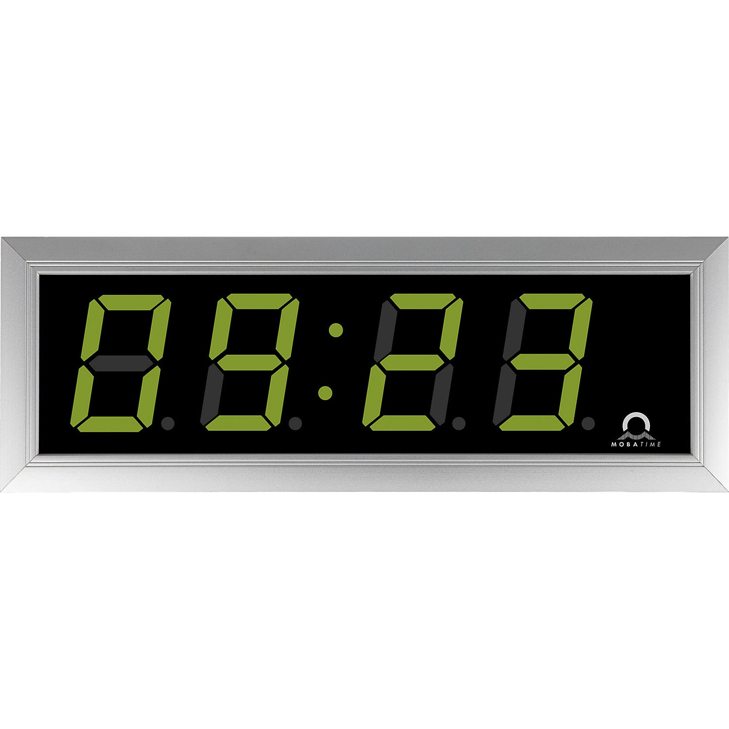 LED digital clock, HxWxD 118 x 333 x 39 mm, silver, green LED.