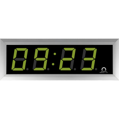 LED digital clock, HxWxD 118 x 333 x 39 mm, silver, green LED.
