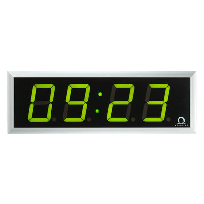 LED digital clock, HxWxD 118 x 333 x 39 mm, silver, green LED.