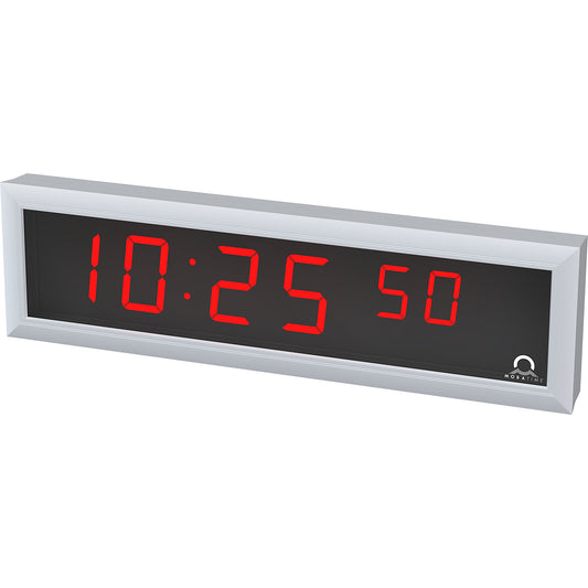 LED digital clock, HxWxD 118 x 423 x 39 mm, silver, red LED.