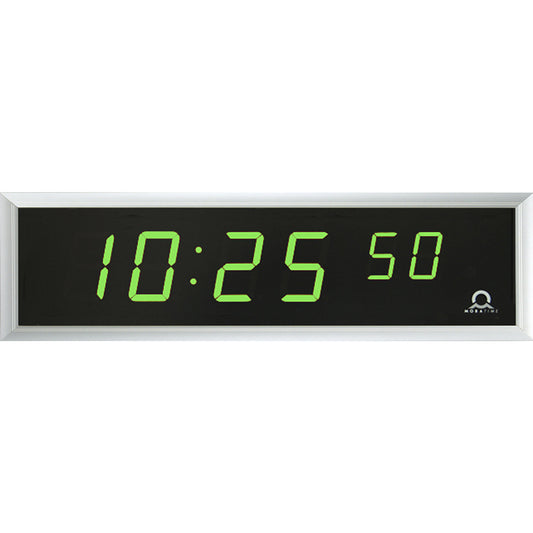LED digital clock, HxWxD 118 x 423 x 39 mm, silver, green LED.
