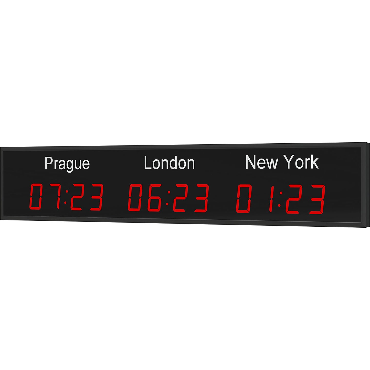 LED world time clock, 3 time zones, horizontal layout.
