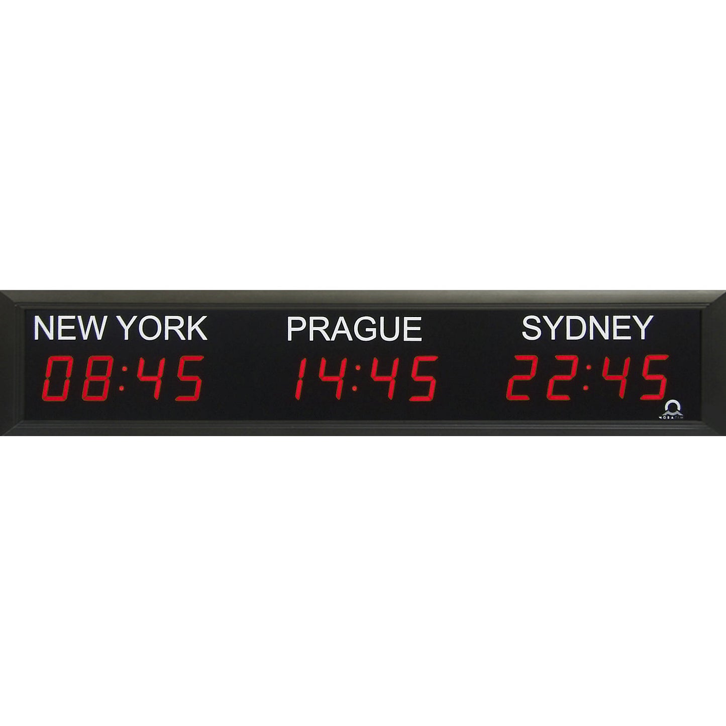 LED world time clock, 3 time zones, horizontal layout.