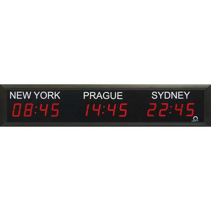 LED world time clock, 3 time zones, horizontal layout.