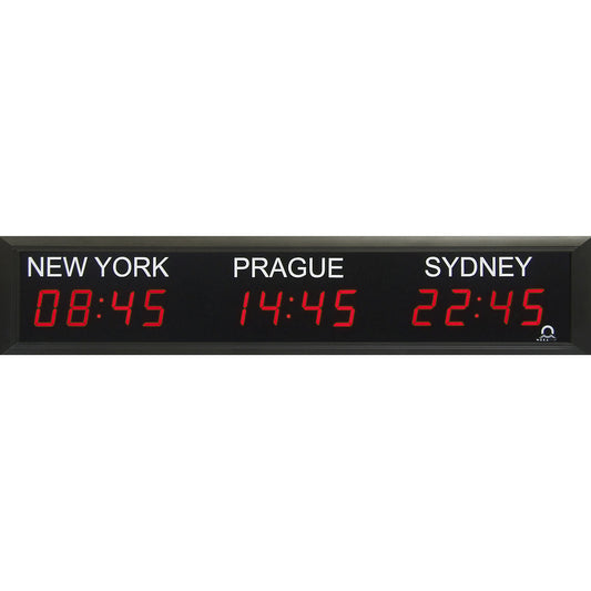LED world time clock, 3 time zones, horizontal layout.