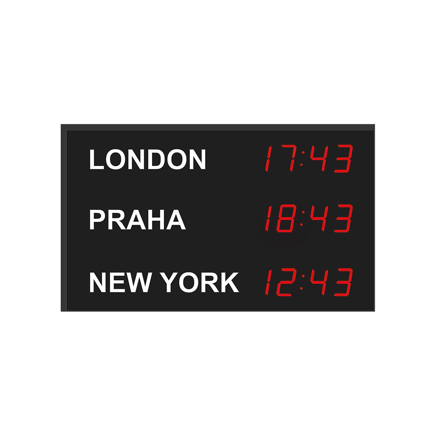 LED world time clock, 3 time zones, vertical layout.