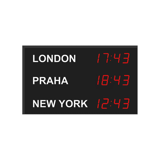 LED world time clock, 3 time zones, vertical layout.