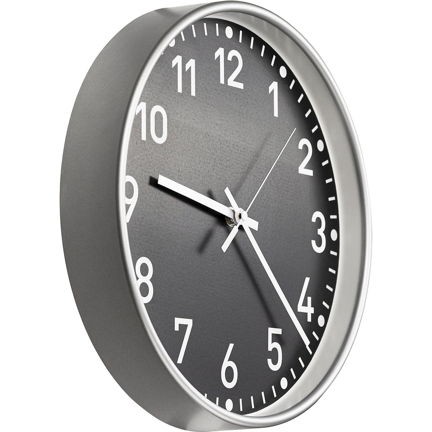 Wall clock, radio synchronised time keeping mechanism, Ø 300 mm, housing silver, clock face black.