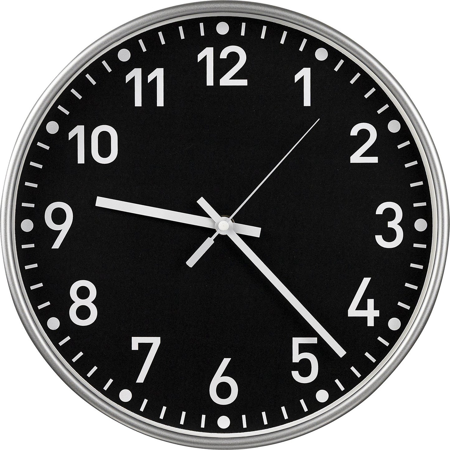 Wall clock, radio synchronised time keeping mechanism, Ø 300 mm, housing silver, clock face black.